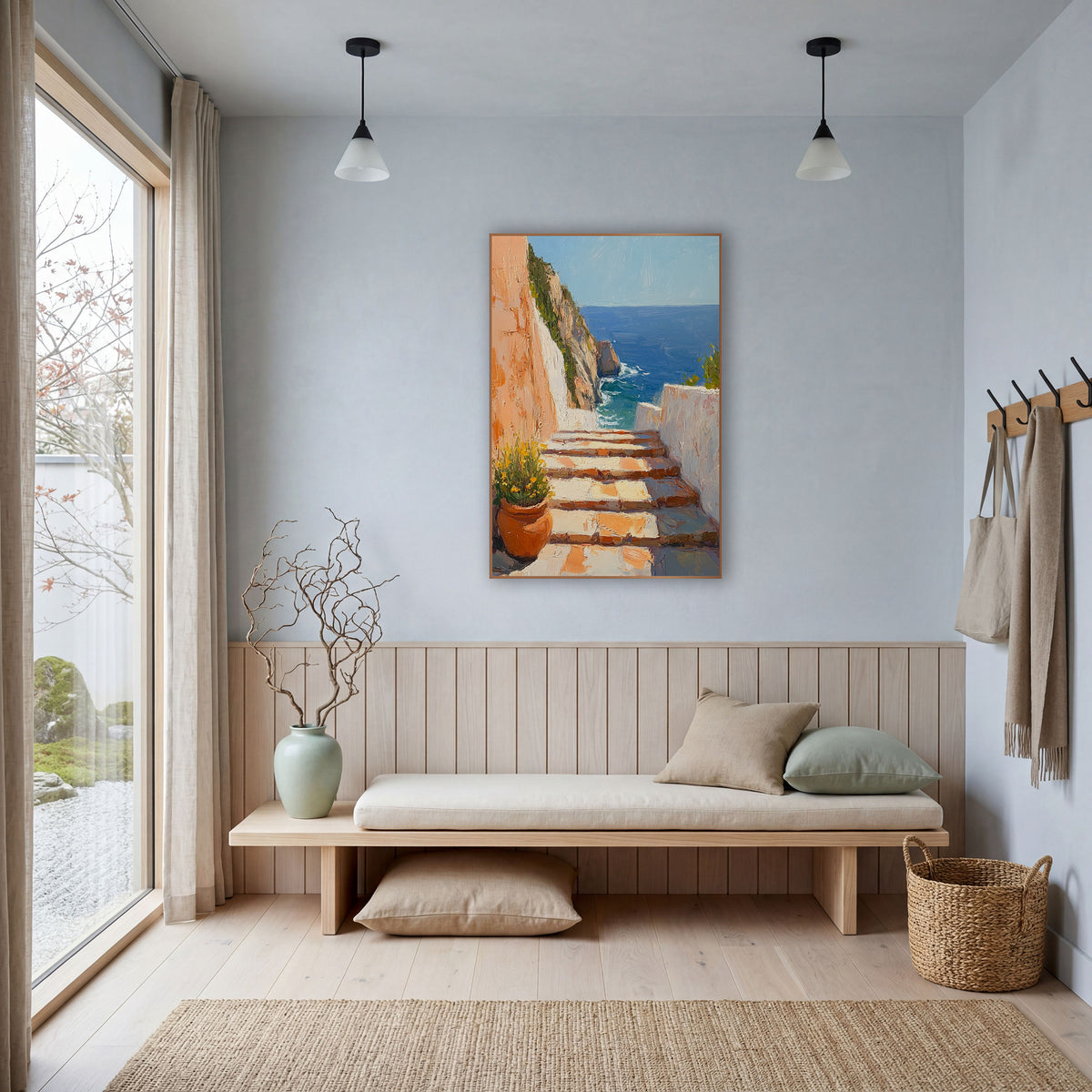 Flowerpot Steps Overlook Mediterranean Decor wall art in a bright coastal-style room – sunlit stone steps
