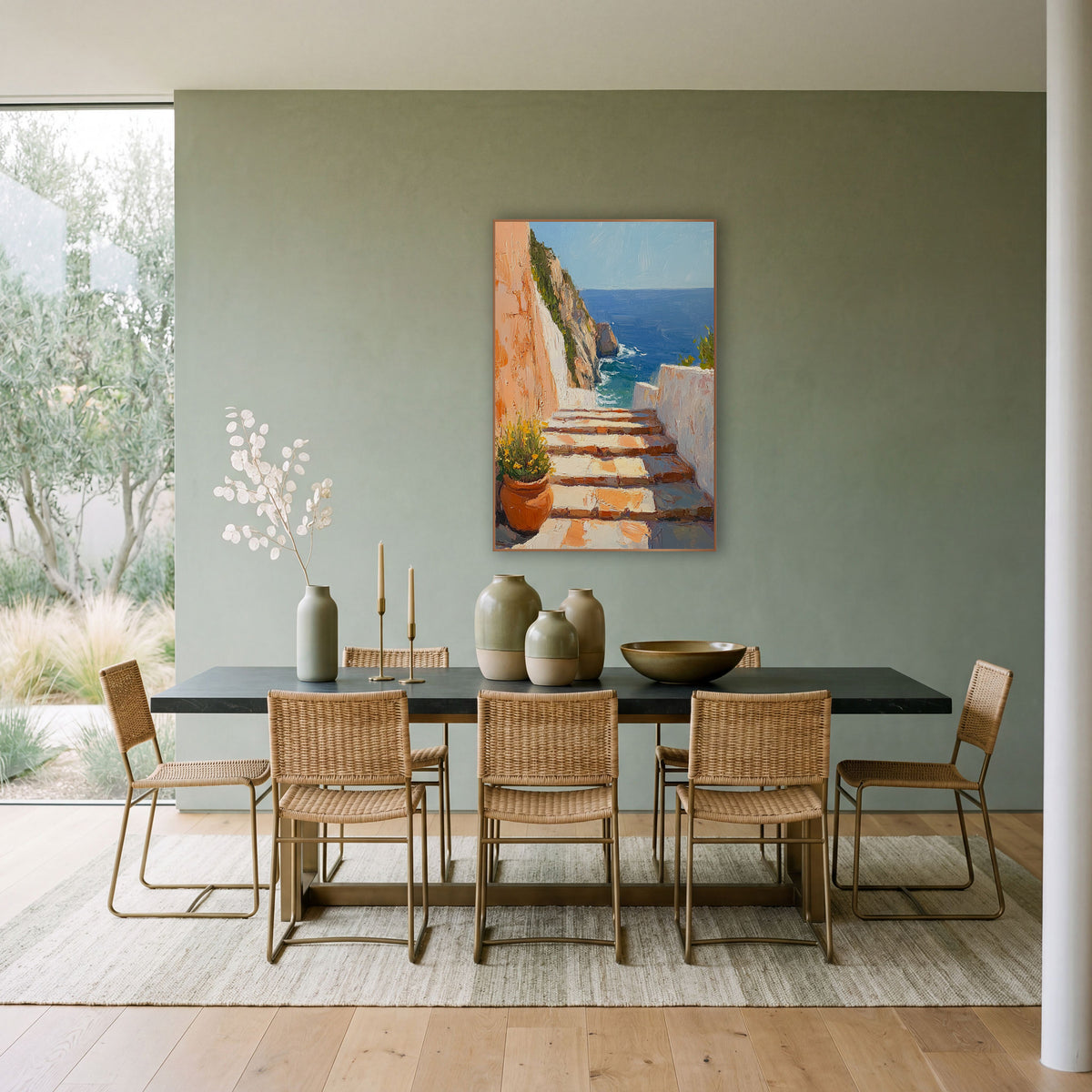 Flowerpot Steps Overlook Mediterranean Decor wall art in a bright coastal-style room – sunlit stone steps