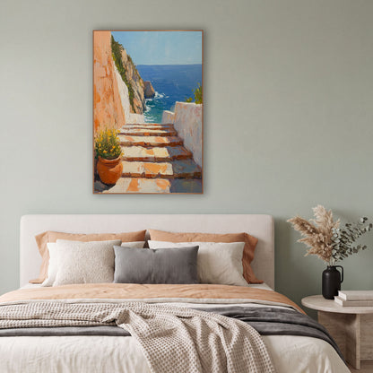 Flowerpot Steps Overlook Mediterranean Decor wall art in a bright coastal-style room – sunlit stone steps