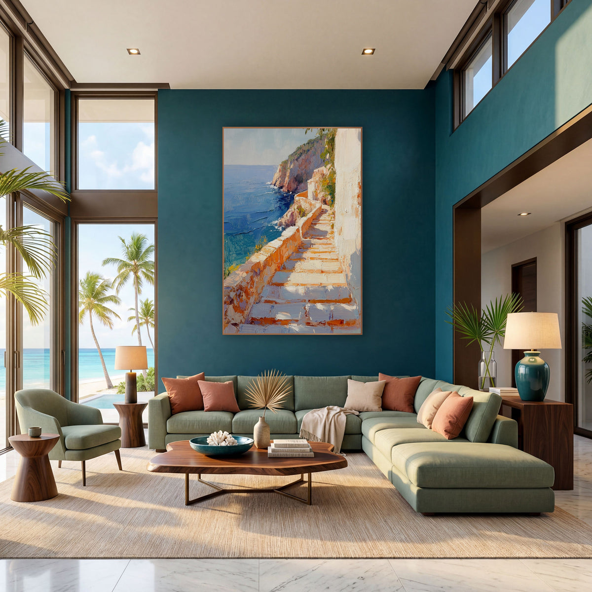 Sunlit Seaside Stone Steps Coastal wall art in a bright coastal-style room – sunlit stone steps beside a low wall