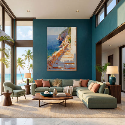Sunlit Seaside Stone Steps Coastal wall art in a bright coastal-style room – sunlit stone steps beside a low wall