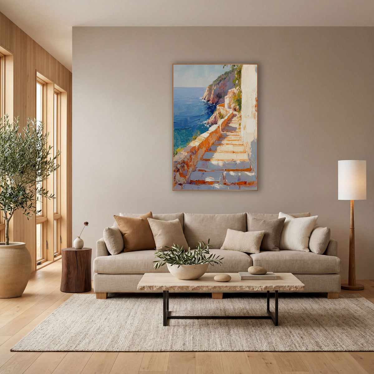 Sunlit Seaside Stone Steps Coastal wall art in a bright coastal-style room – sunlit stone steps beside a low wall