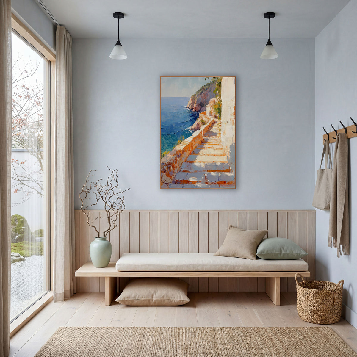 Sunlit Seaside Stone Steps Coastal wall art in a bright coastal-style room – sunlit stone steps beside a low wall