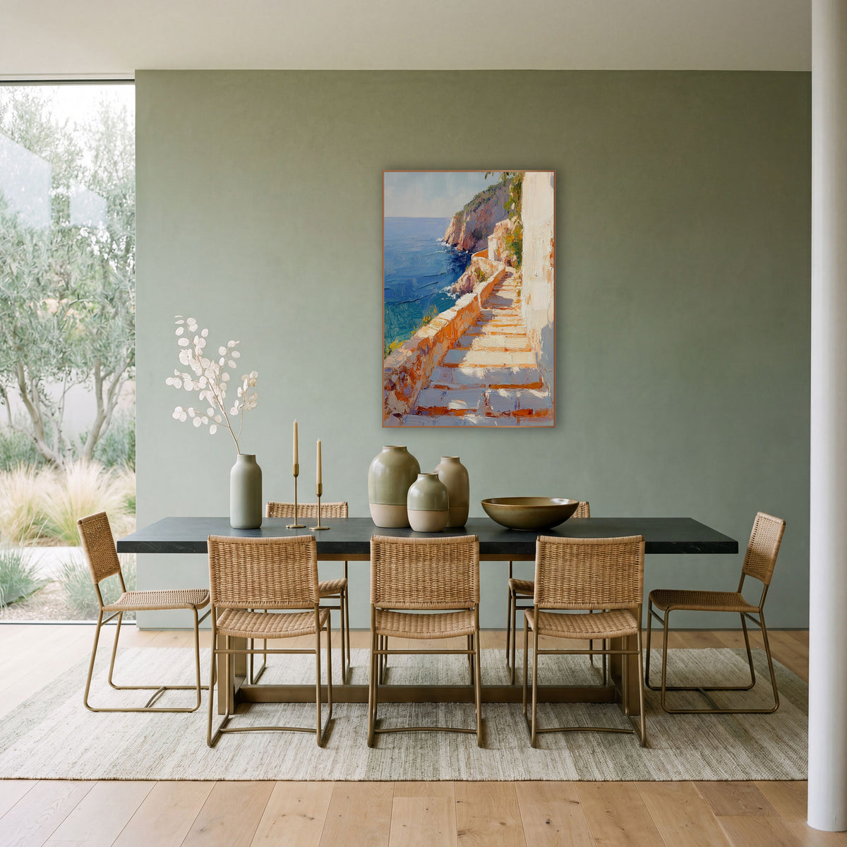Sunlit Seaside Stone Steps Coastal wall art in a bright coastal-style room – sunlit stone steps beside a low wall