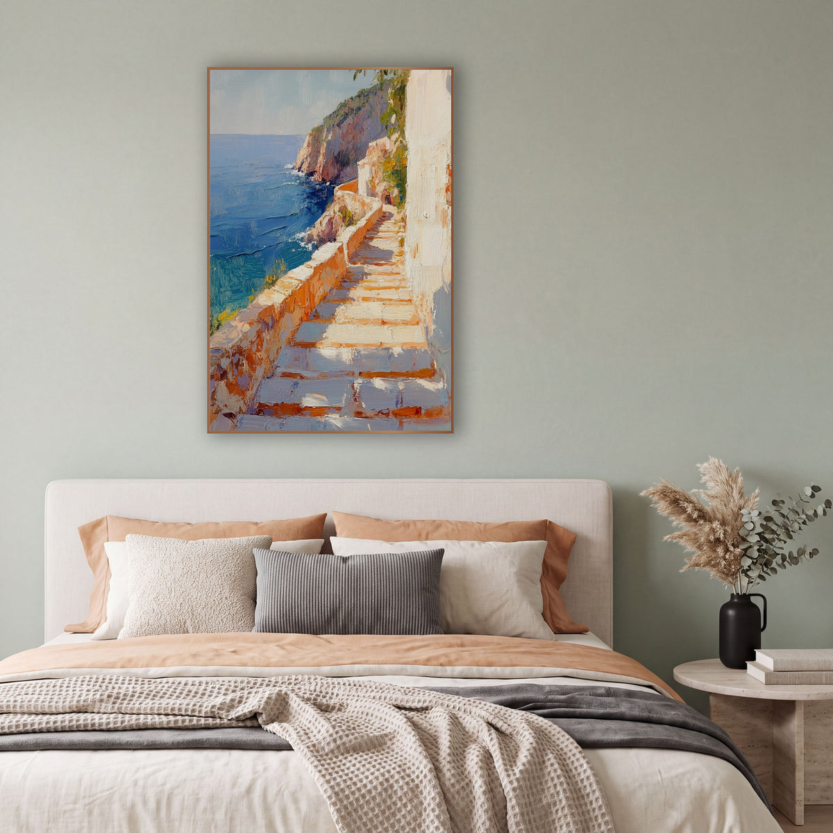 Sunlit Seaside Stone Steps Coastal wall art in a bright coastal-style room – sunlit stone steps beside a low wall