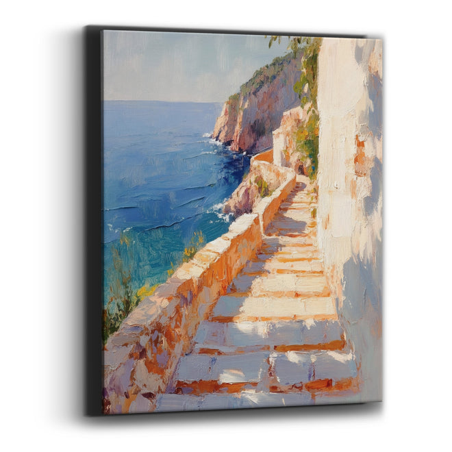 Sunlit Seaside Stone Steps Coastal Canvas Wall Art