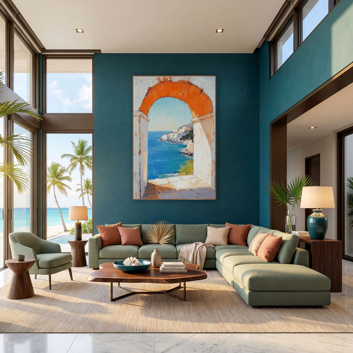 Orange Arch Cove Mediterranean Coastal wall art in a bright coastal-style room – orange stone arch in a white wall