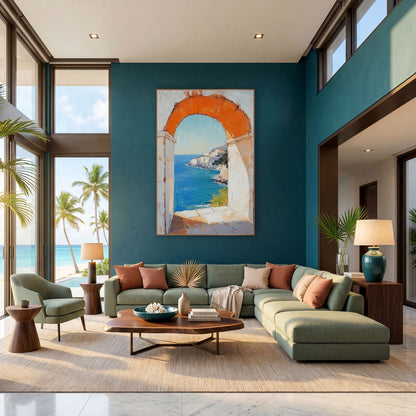 Orange Arch Cove Mediterranean Coastal wall art in a bright coastal-style room – orange stone arch in a white wall