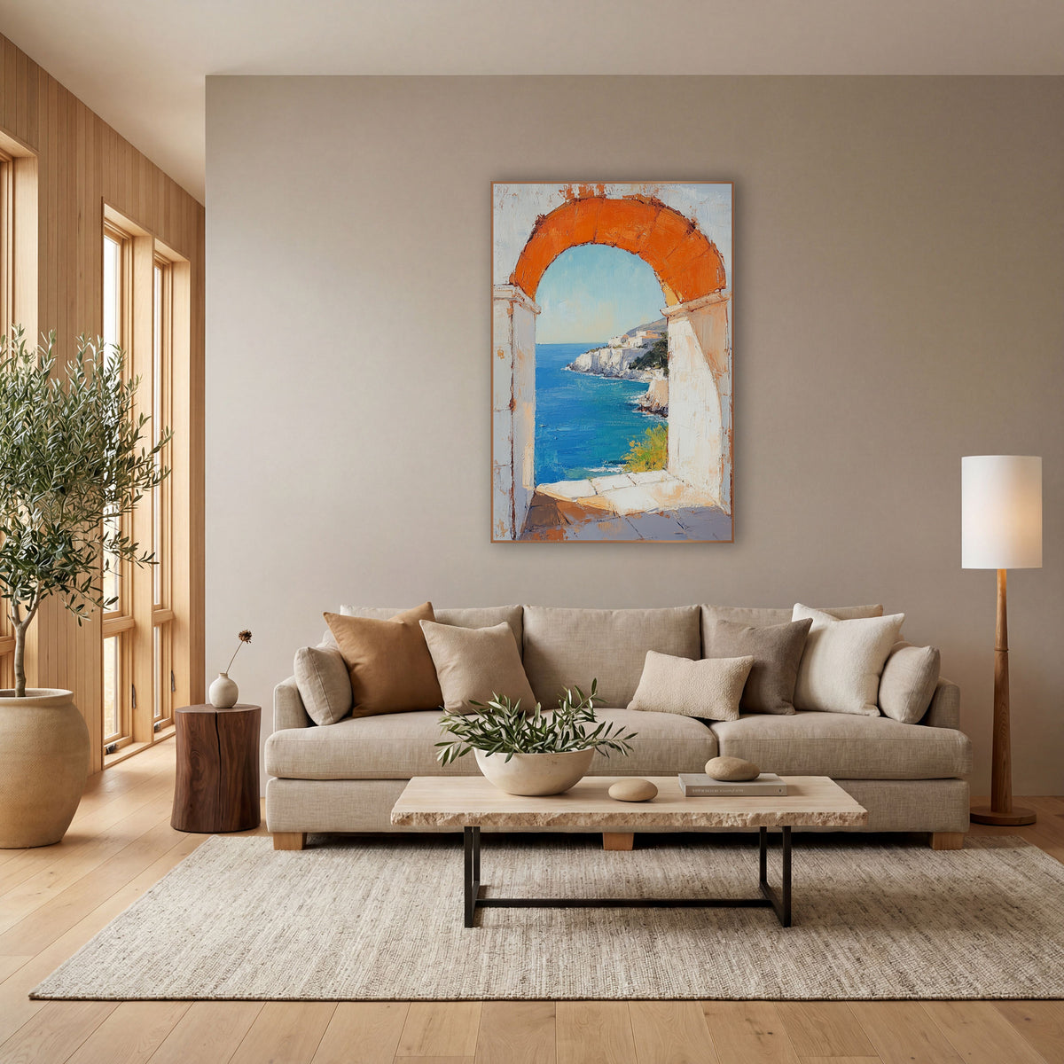 Orange Arch Cove Mediterranean Coastal wall art in a bright coastal-style room – orange stone arch in a white wall