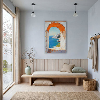 Orange Arch Cove Mediterranean Coastal wall art in a bright coastal-style room – orange stone arch in a white wall