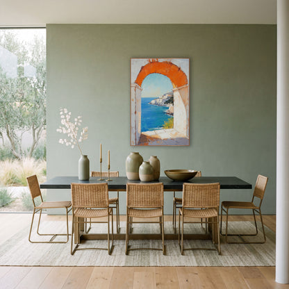 Orange Arch Cove Mediterranean Coastal wall art in a bright coastal-style room – orange stone arch in a white wall