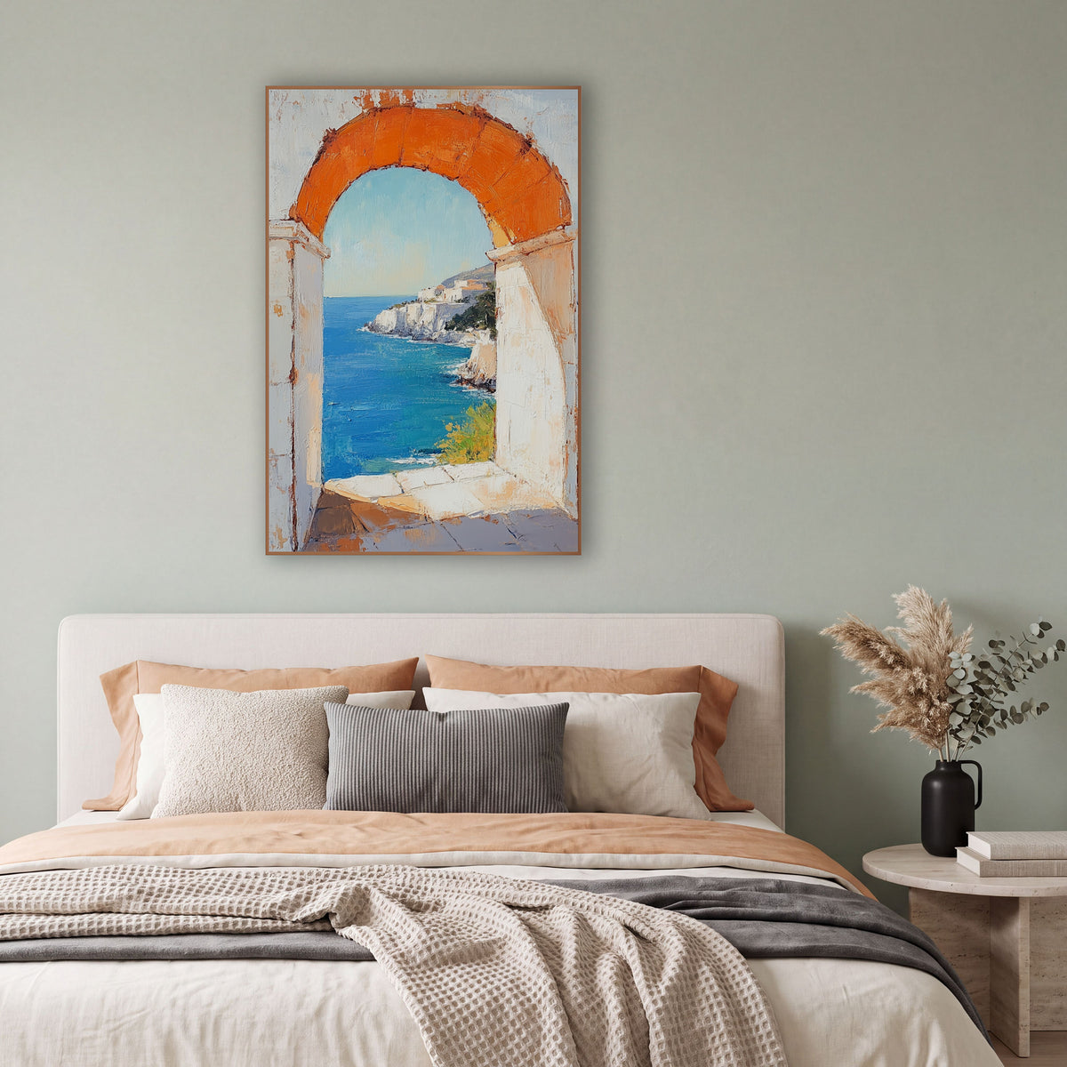 Orange Arch Cove Mediterranean Coastal wall art in a bright coastal-style room – orange stone arch in a white wall