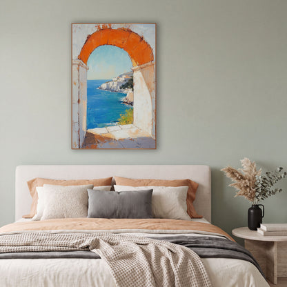 Orange Arch Cove Mediterranean Coastal wall art in a bright coastal-style room – orange stone arch in a white wall