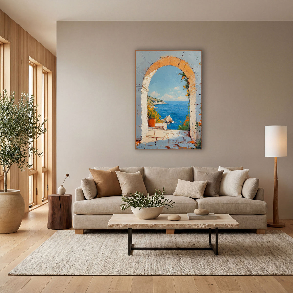 Terracotta Pot Archway Coastal Garden wall art in a bright coastal-style room – stone arch framing a blue sea