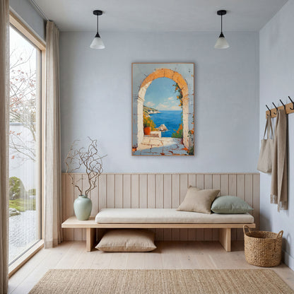 Terracotta Pot Archway Coastal Garden wall art in a bright coastal-style room – stone arch framing a blue sea
