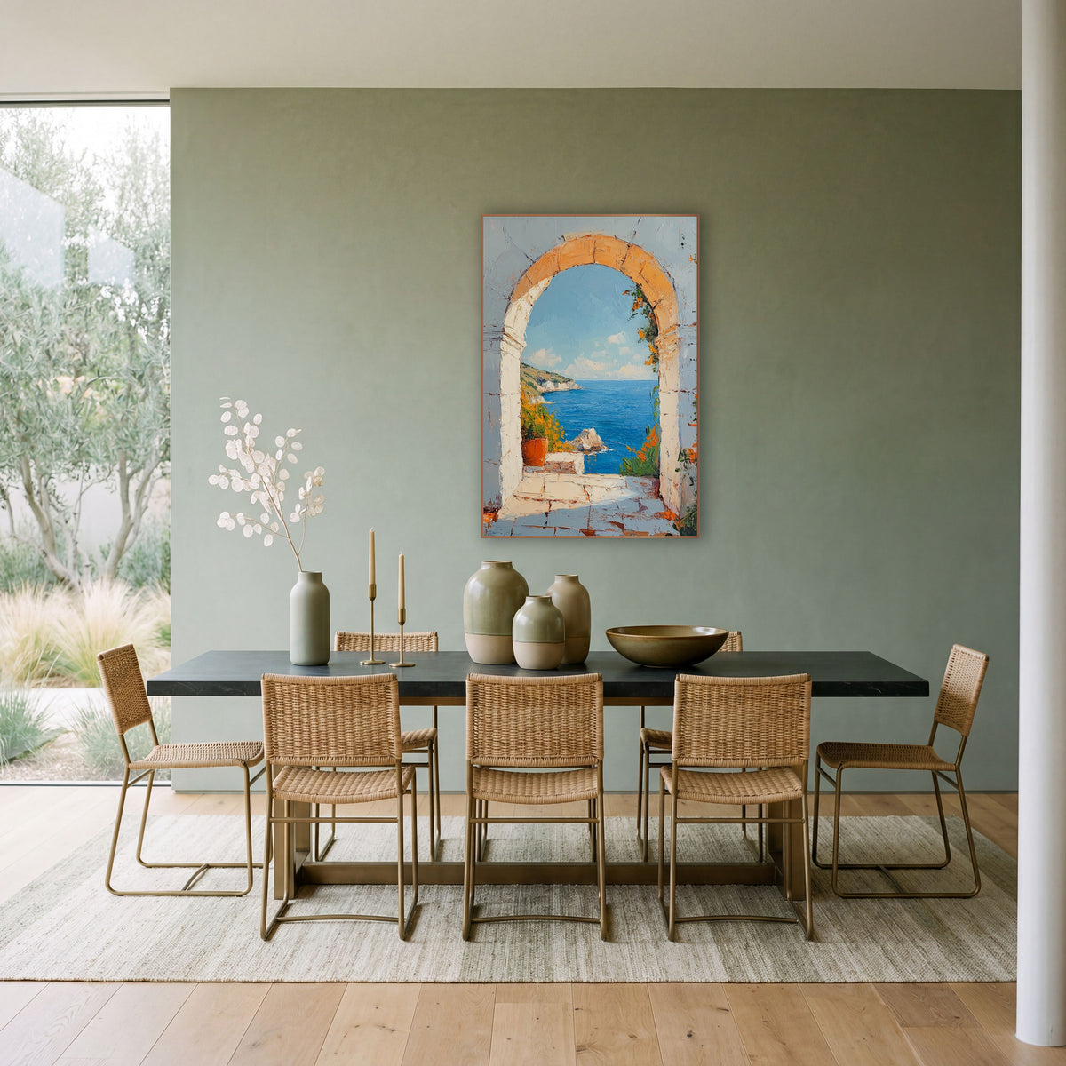 Terracotta Pot Archway Coastal Garden wall art in a bright coastal-style room – stone arch framing a blue sea