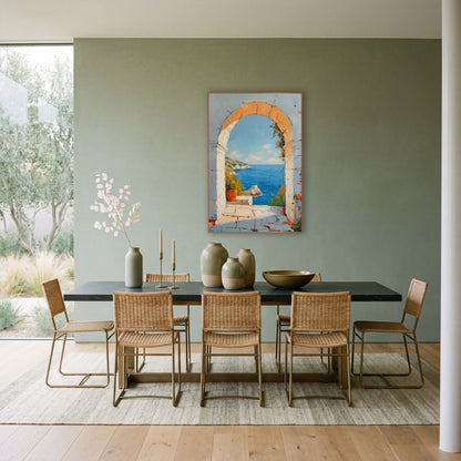 Terracotta Pot Archway Coastal Garden wall art in a bright coastal-style room – stone arch framing a blue sea