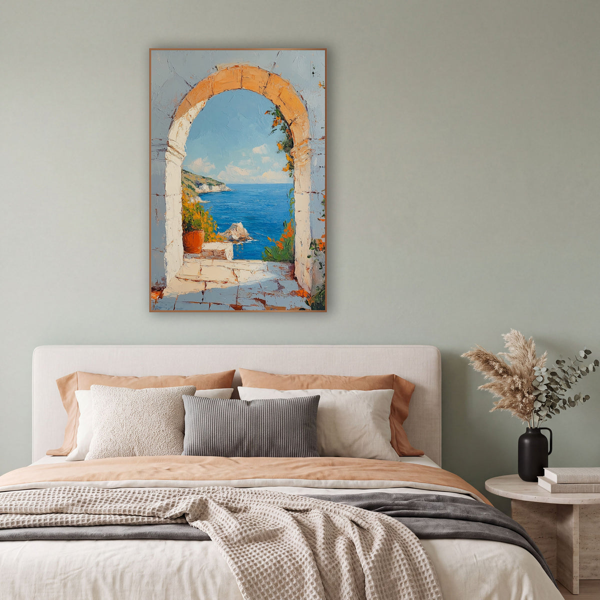 Terracotta Pot Archway Coastal Garden wall art in a bright coastal-style room – stone arch framing a blue sea