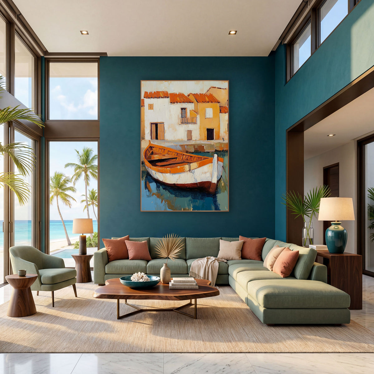 Orange Rowboat Harbor Village Coastal wall art in a bright coastal-style room – orange and white wooden rowboat moored
