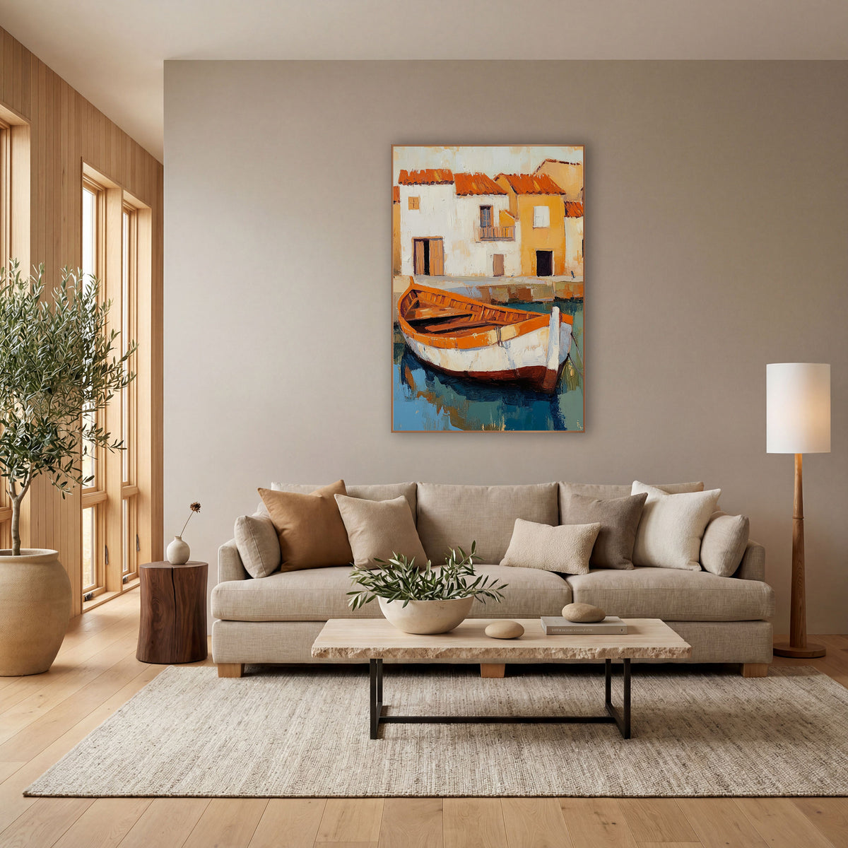 Orange Rowboat Harbor Village Coastal wall art in a bright coastal-style room – orange and white wooden rowboat moored