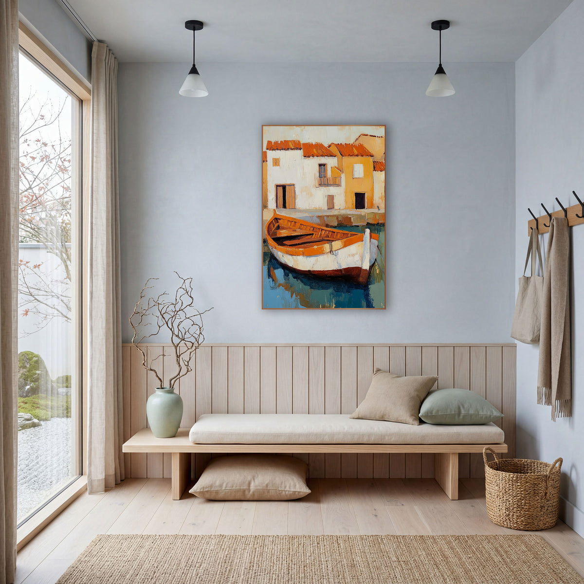 Orange Rowboat Harbor Village Coastal wall art in a bright coastal-style room – orange and white wooden rowboat moored