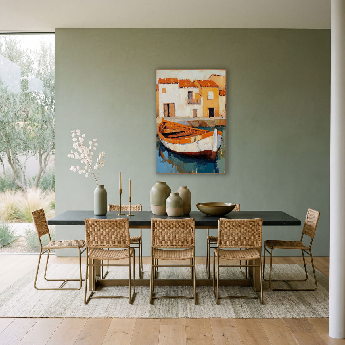 Orange Rowboat Harbor Village Coastal wall art in a bright coastal-style room – orange and white wooden rowboat moored