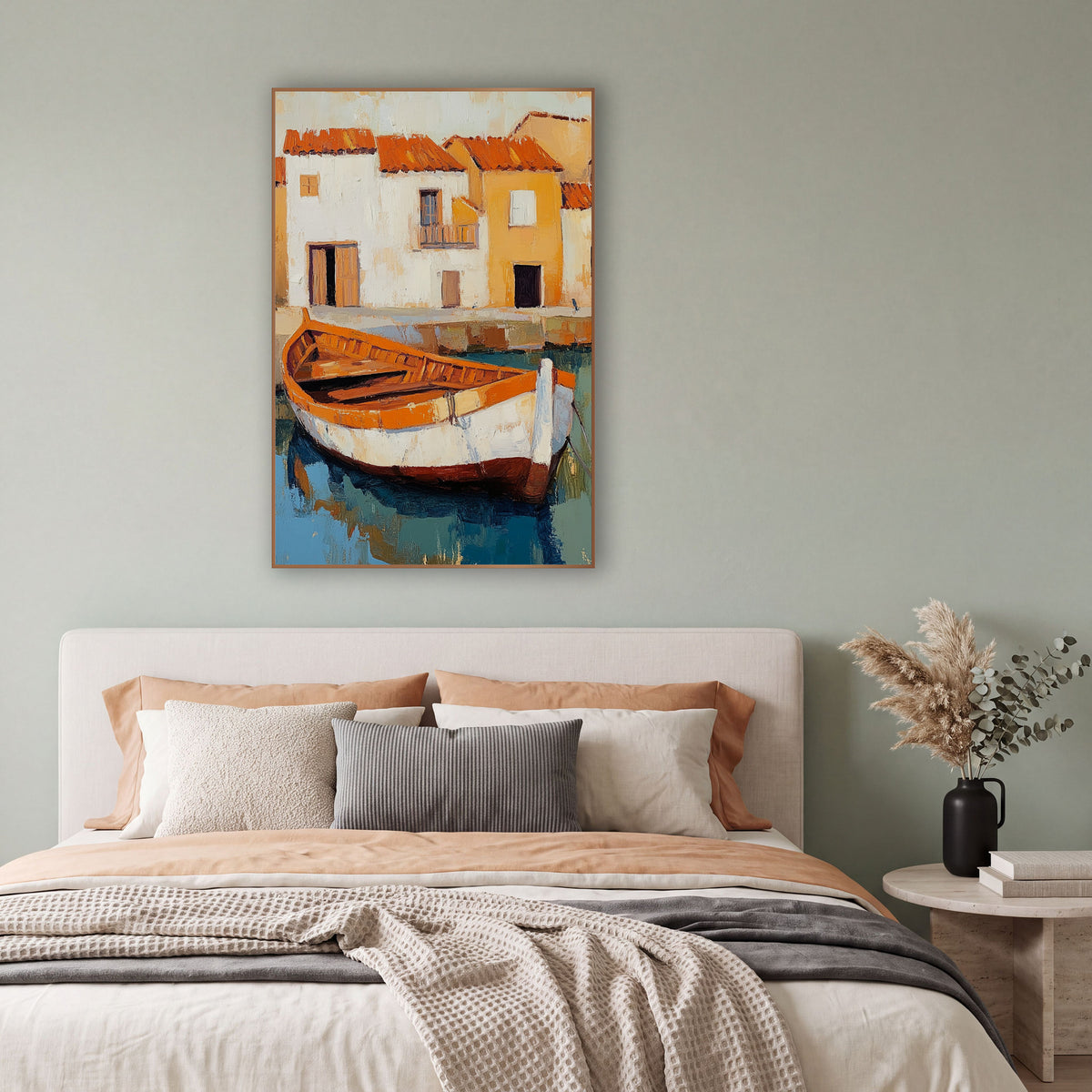 Orange Rowboat Harbor Village Coastal wall art in a bright coastal-style room – orange and white wooden rowboat moored