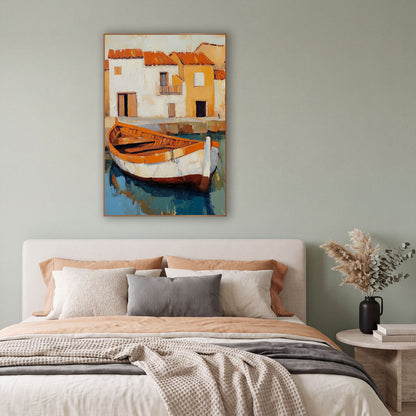 Orange Rowboat Harbor Village Coastal wall art in a bright coastal-style room – orange and white wooden rowboat moored