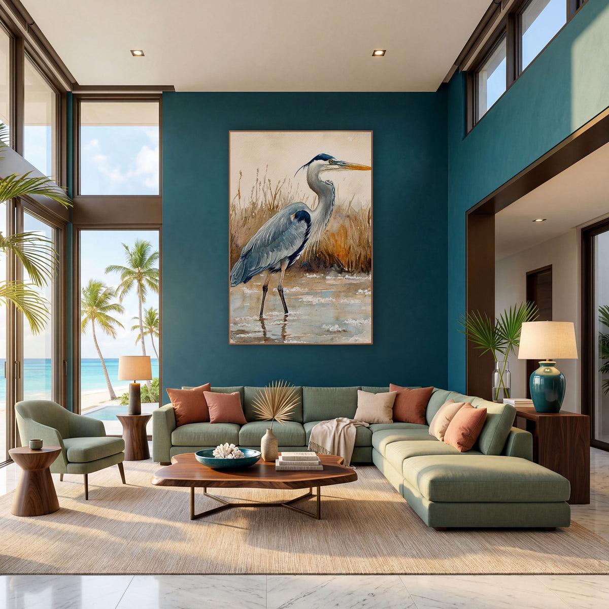 Gray Heron Marsh Watercolor Coastal wall art in a bright coastal-style room – watercolor-style gray heron standing