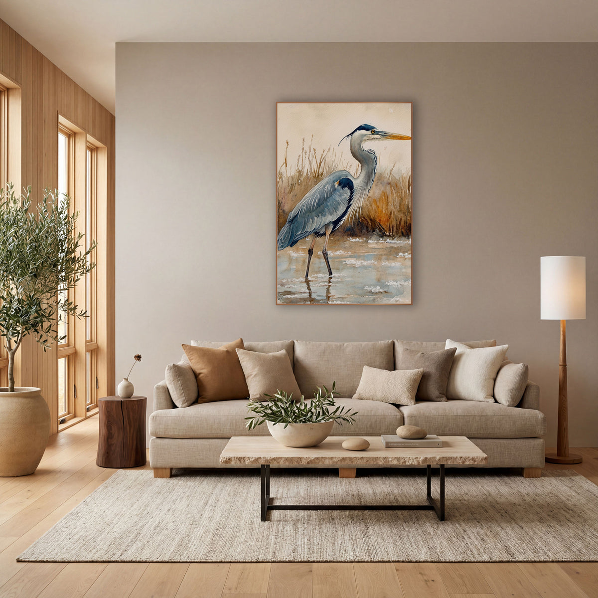 Gray Heron Marsh Watercolor Coastal wall art in a bright coastal-style room – watercolor-style gray heron standing