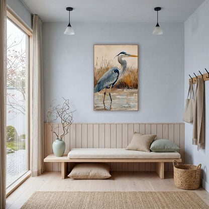 Gray Heron Marsh Watercolor Coastal wall art in a bright coastal-style room – watercolor-style gray heron standing