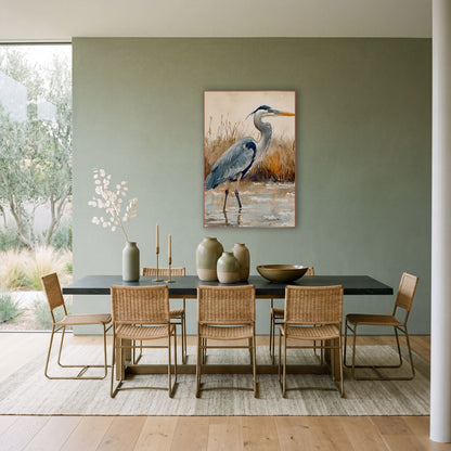 Gray Heron Marsh Watercolor Coastal wall art in a bright coastal-style room – watercolor-style gray heron standing