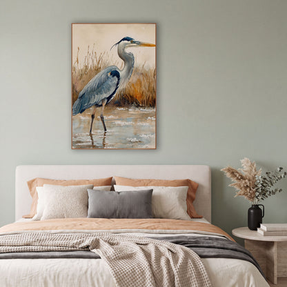 Gray Heron Marsh Watercolor Coastal wall art in a bright coastal-style room – watercolor-style gray heron standing