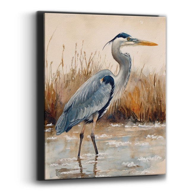 Gray Heron Marsh Watercolor Coastal Canvas Wall Art