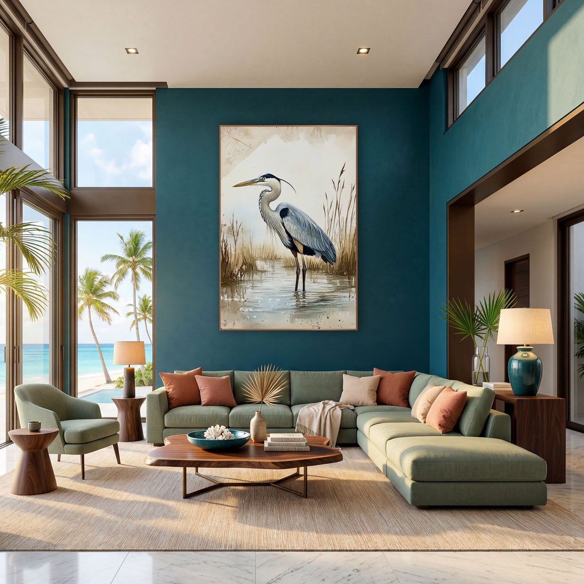 Blue Heron Marsh Watercolor Style wall art in a bright coastal-style room – gray-blue heron standing in shallow marsh
