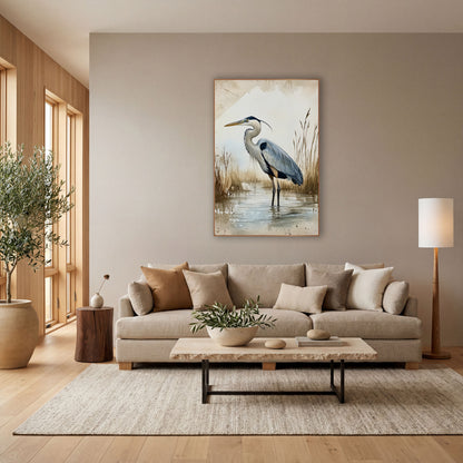 Blue Heron Marsh Watercolor Style wall art in a bright coastal-style room – gray-blue heron standing in shallow marsh