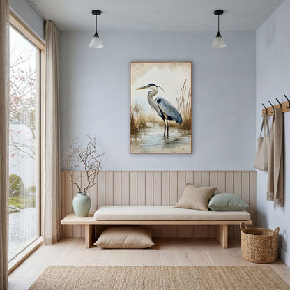 Blue Heron Marsh Watercolor Style wall art in a bright coastal-style room – gray-blue heron standing in shallow marsh