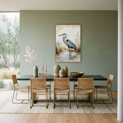 Blue Heron Marsh Watercolor Style wall art in a bright coastal-style room – gray-blue heron standing in shallow marsh