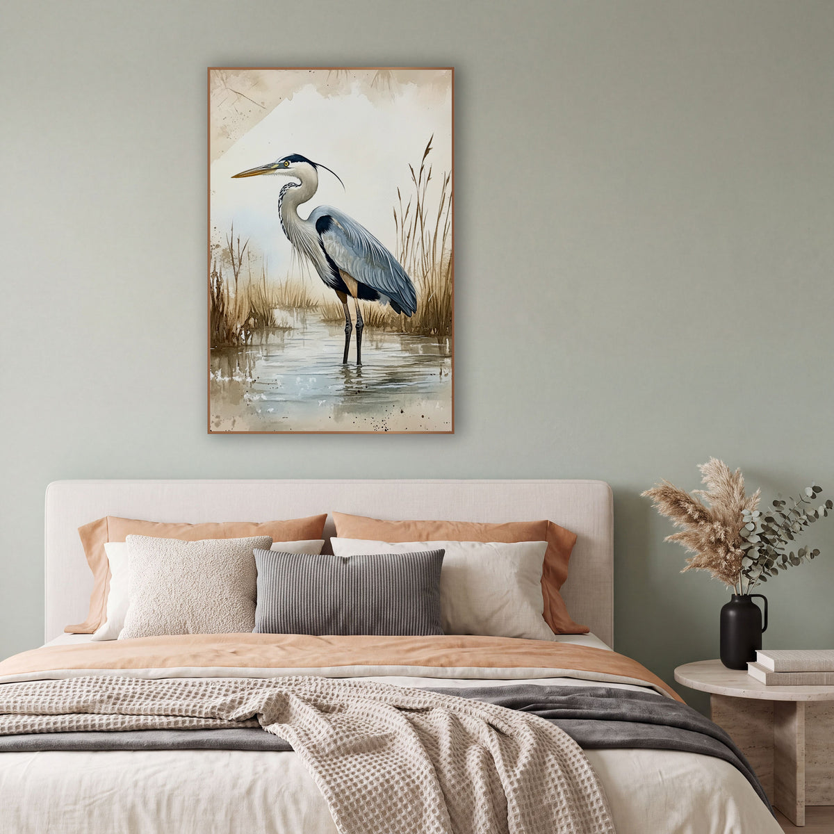 Blue Heron Marsh Watercolor Style wall art in a bright coastal-style room – gray-blue heron standing in shallow marsh