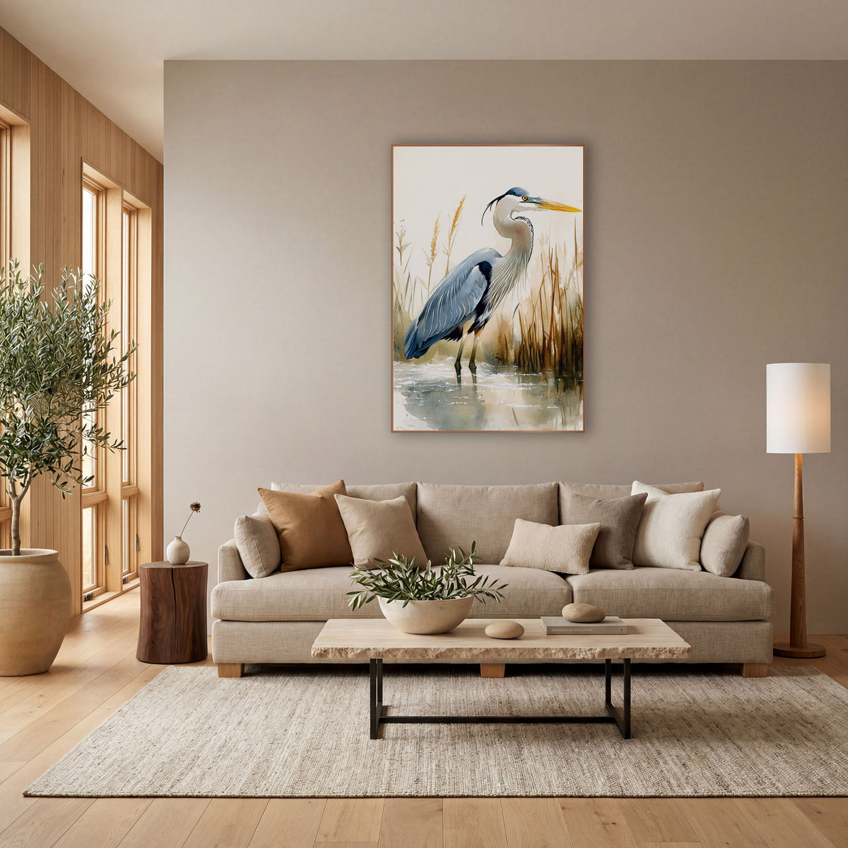 Reed Wader Profile Rustic wall art in a bright coastal-style room – watercolor-style blue heron standing in shallow