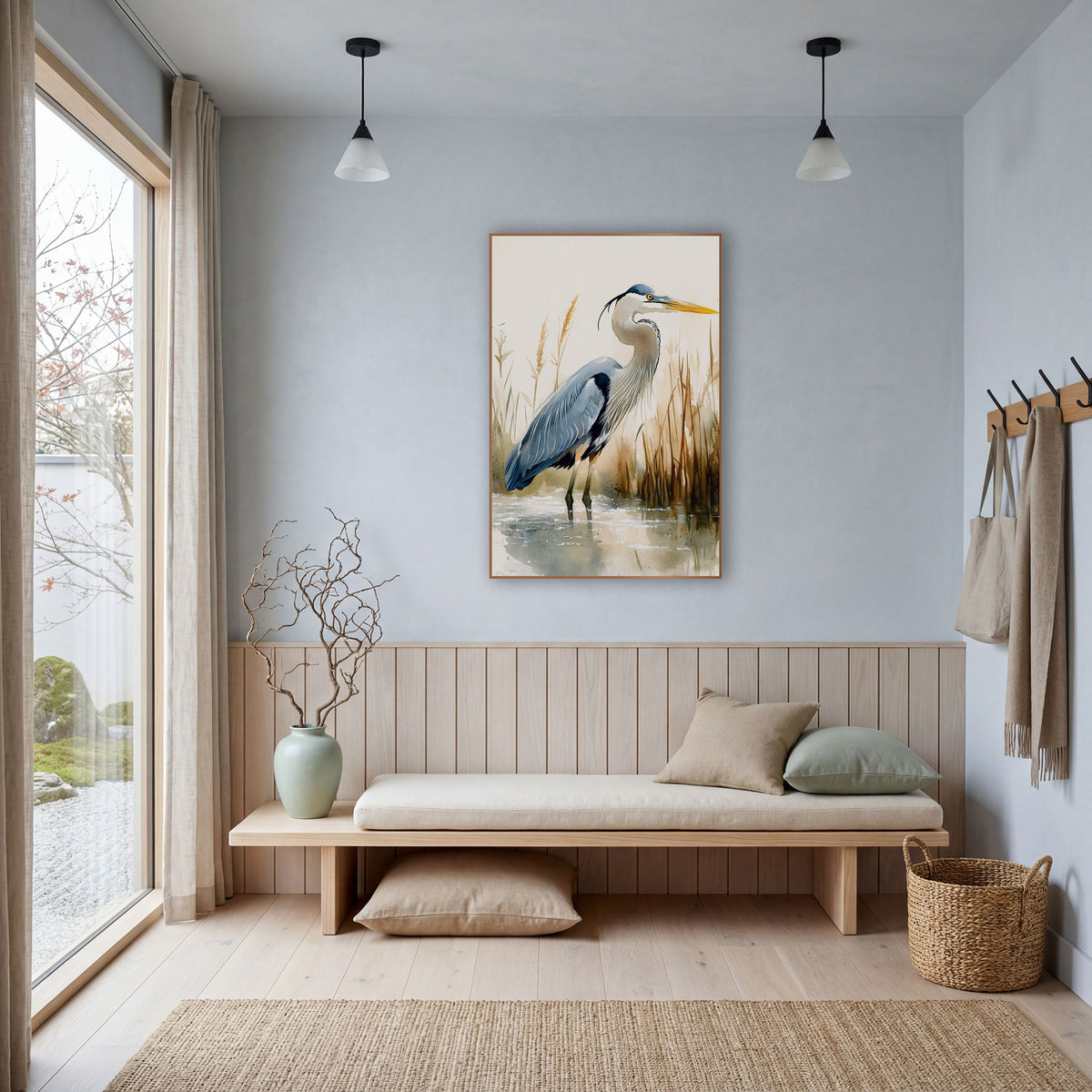 Reed Wader Profile Rustic wall art in a bright coastal-style room – watercolor-style blue heron standing in shallow