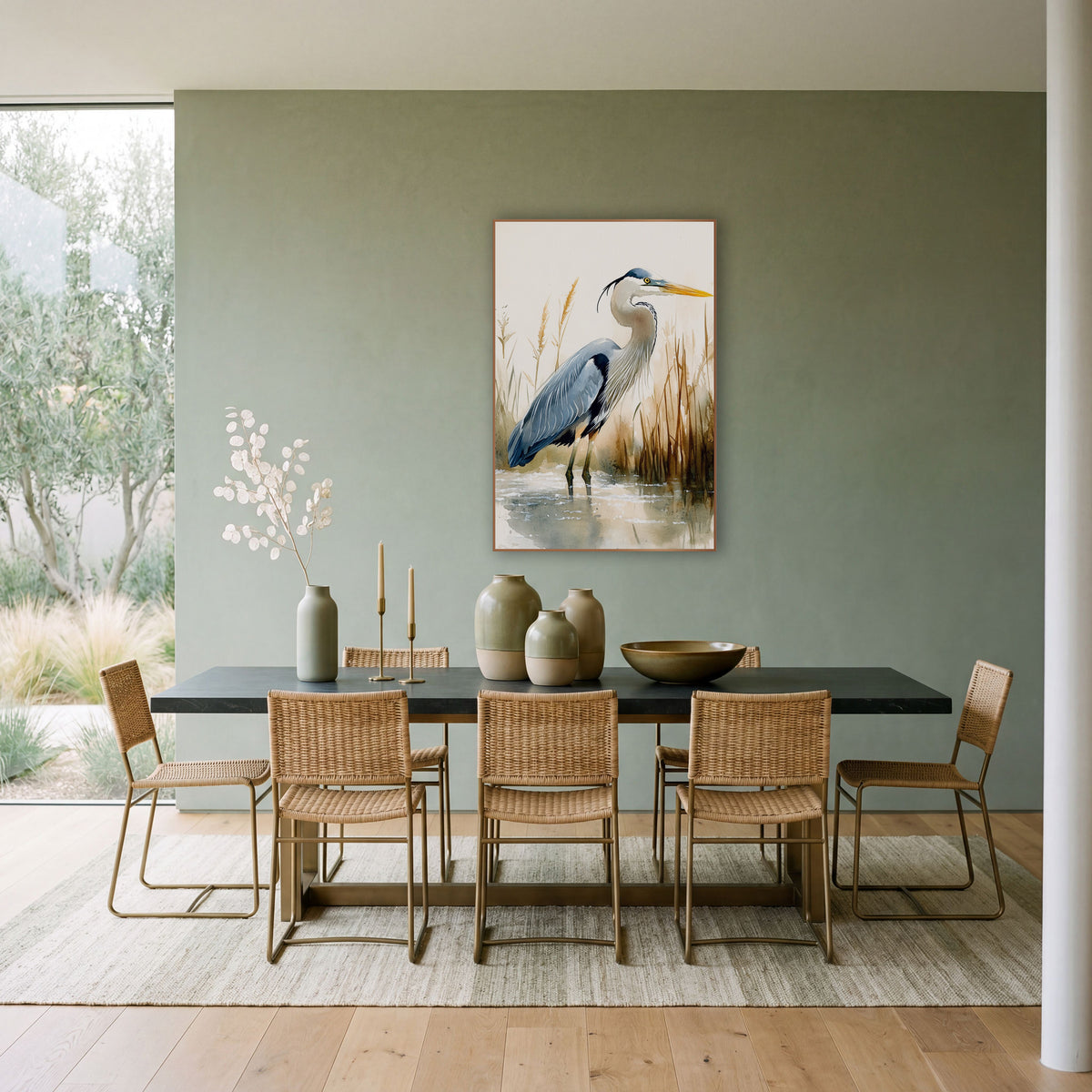 Reed Wader Profile Rustic wall art in a bright coastal-style room – watercolor-style blue heron standing in shallow
