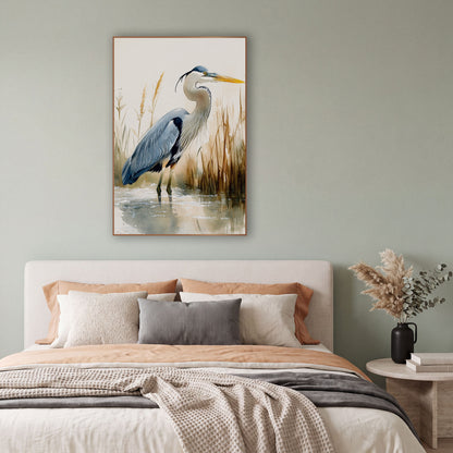 Reed Wader Profile Rustic wall art in a bright coastal-style room – watercolor-style blue heron standing in shallow
