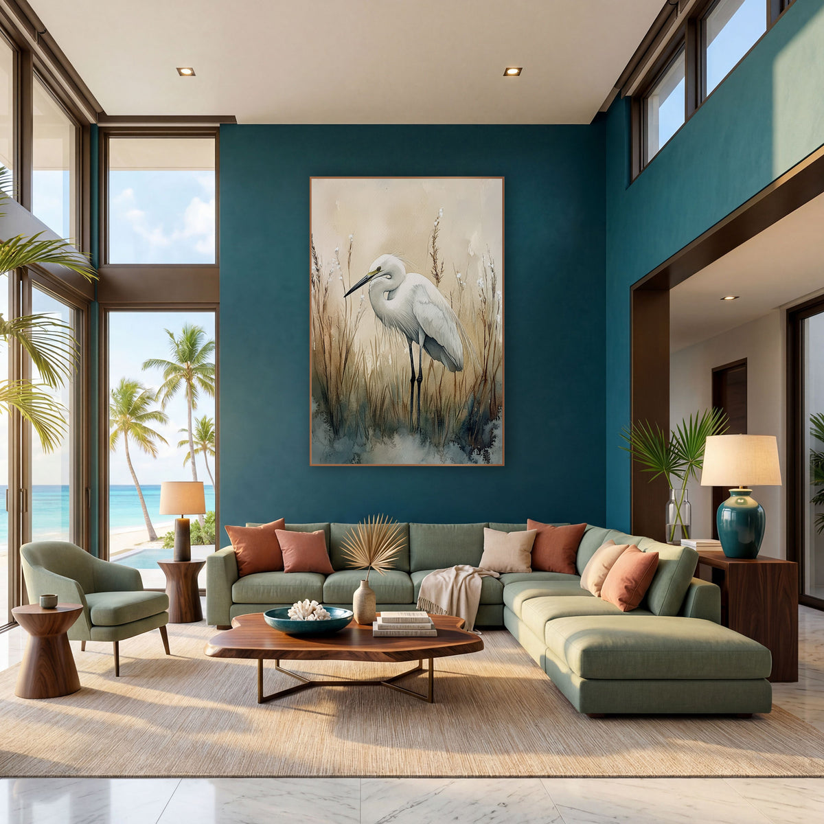 White Egret Marsh Reeds Coastal wall art in a bright coastal-style room – white egret with a curved neck standing