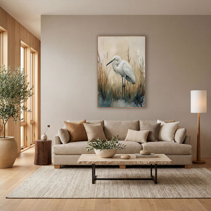 White Egret Marsh Reeds Coastal wall art in a bright coastal-style room – white egret with a curved neck standing