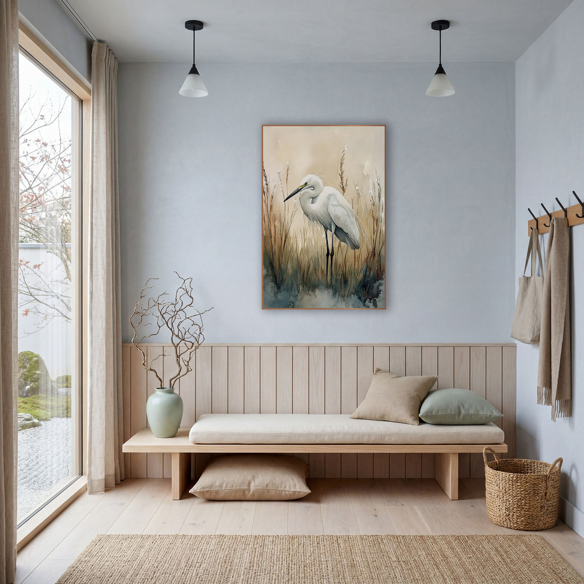 White Egret Marsh Reeds Coastal wall art in a bright coastal-style room – white egret with a curved neck standing