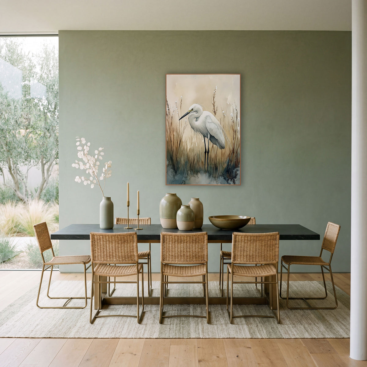 White Egret Marsh Reeds Coastal wall art in a bright coastal-style room – white egret with a curved neck standing
