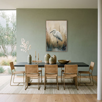 White Egret Marsh Reeds Coastal wall art in a bright coastal-style room – white egret with a curved neck standing