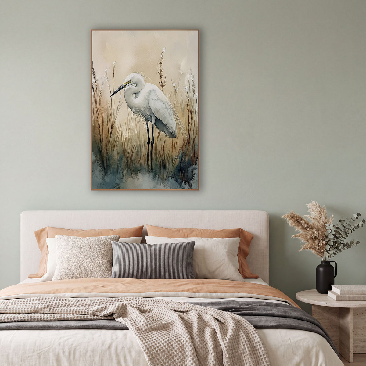 White Egret Marsh Reeds Coastal wall art in a bright coastal-style room – white egret with a curved neck standing
