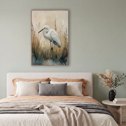White Egret Marsh Reeds Coastal wall art in a bright coastal-style room – white egret with a curved neck standing